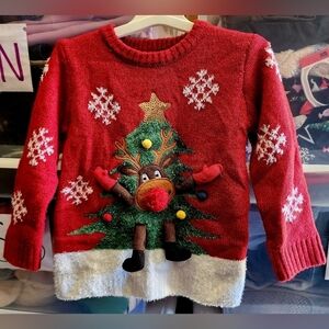 F&F Three Dimensional Reindeer Red Crew Neck Ugly Christmas Sweater Childs 3-4Y